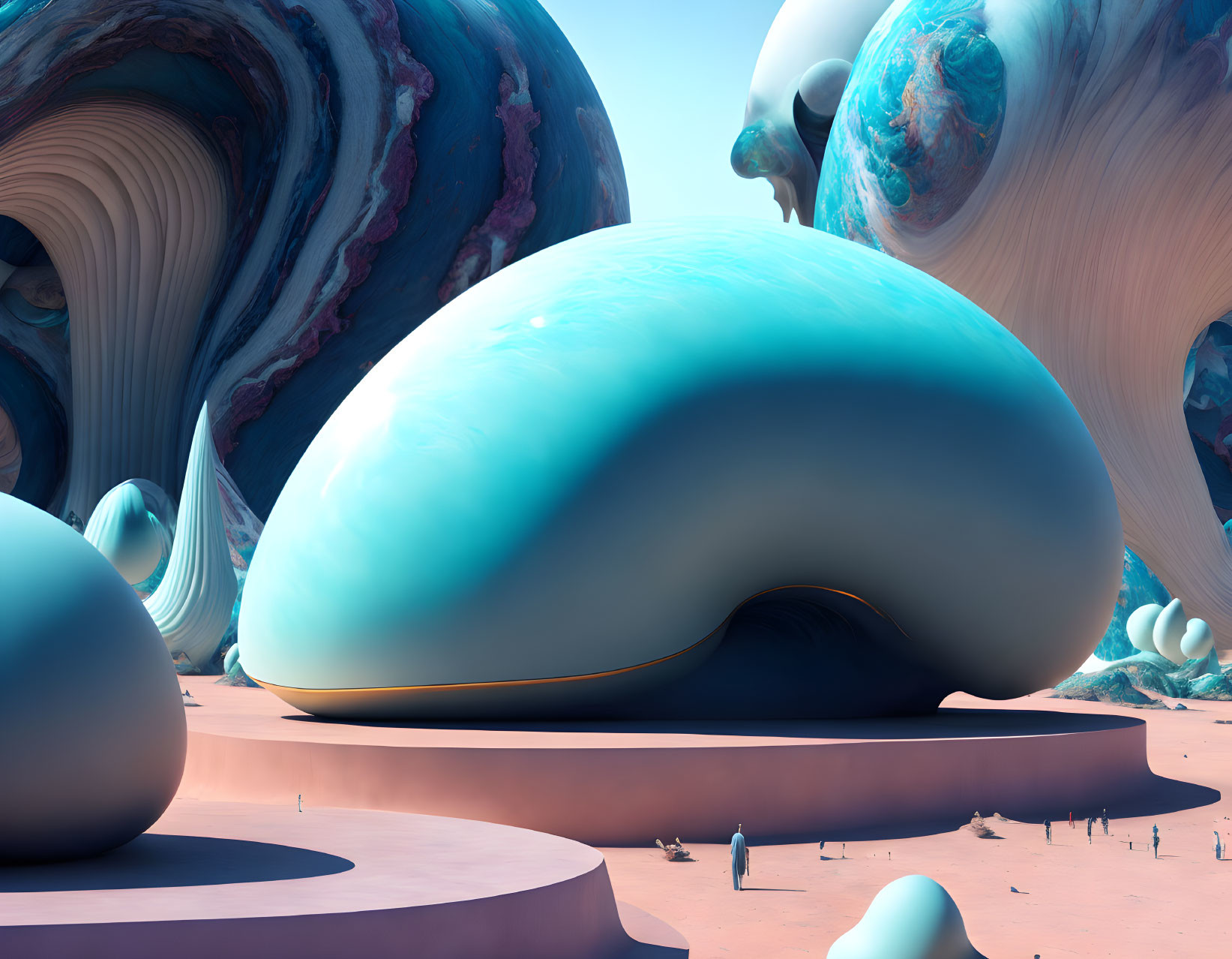 Surreal landscape with smooth, biomorphic shapes in blue tones