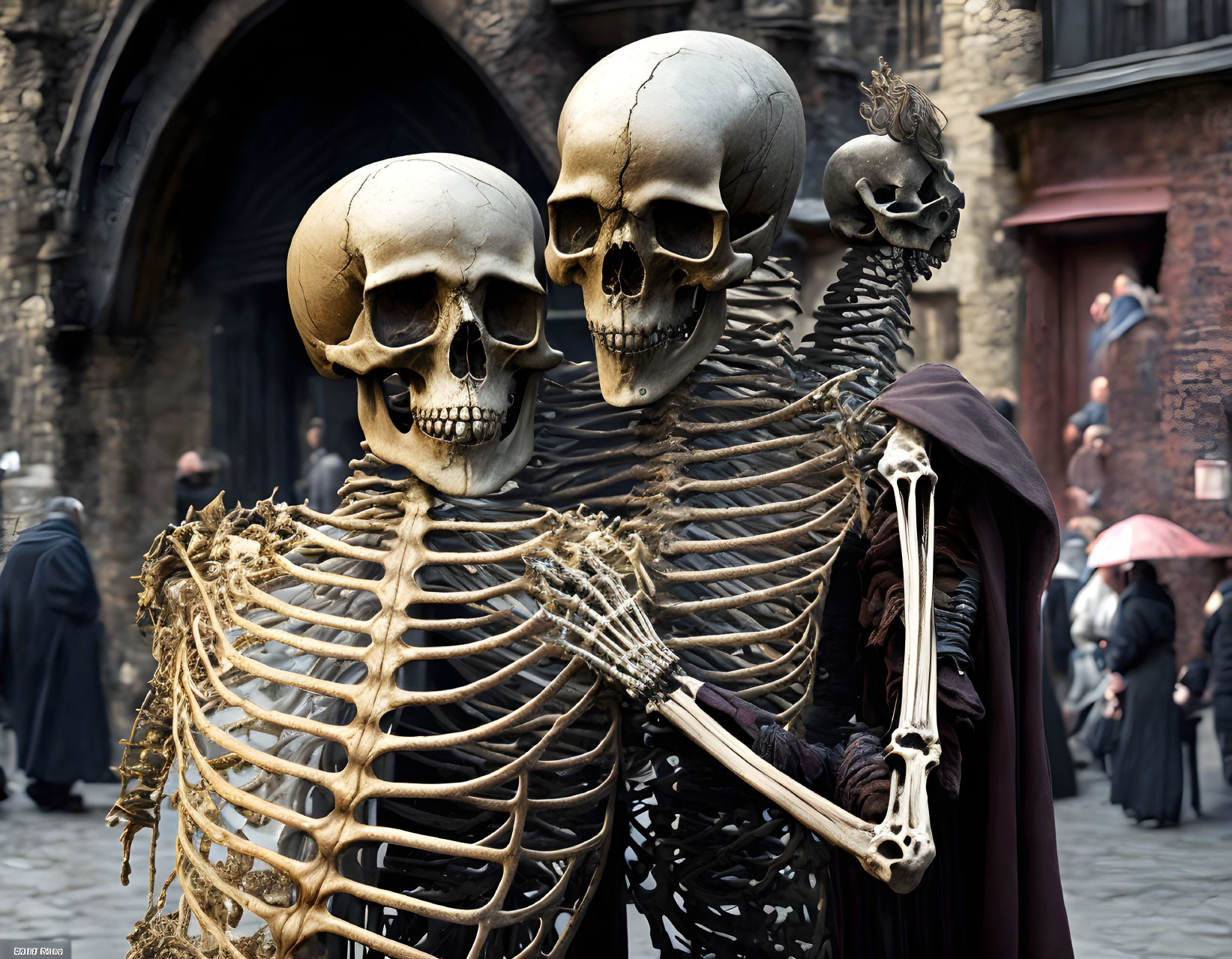 Life-size skeleton figures in medieval scene with cloaked person and others.