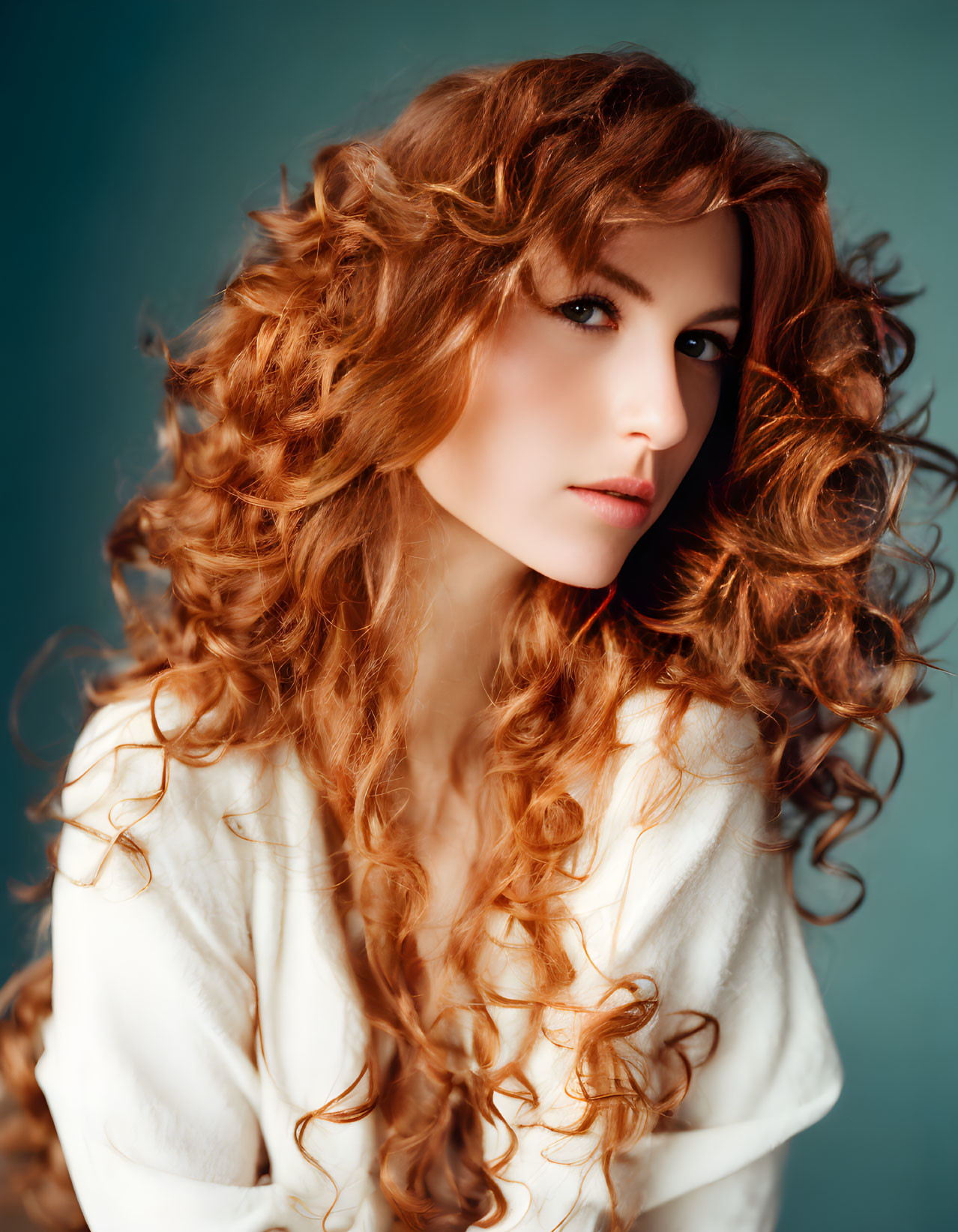 Curly Red-Haired Woman in White Garment on Teal Background