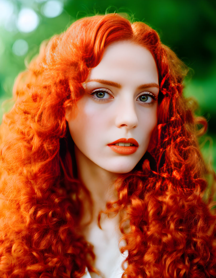 Vibrant red-haired woman with blue eyes in white top on green background