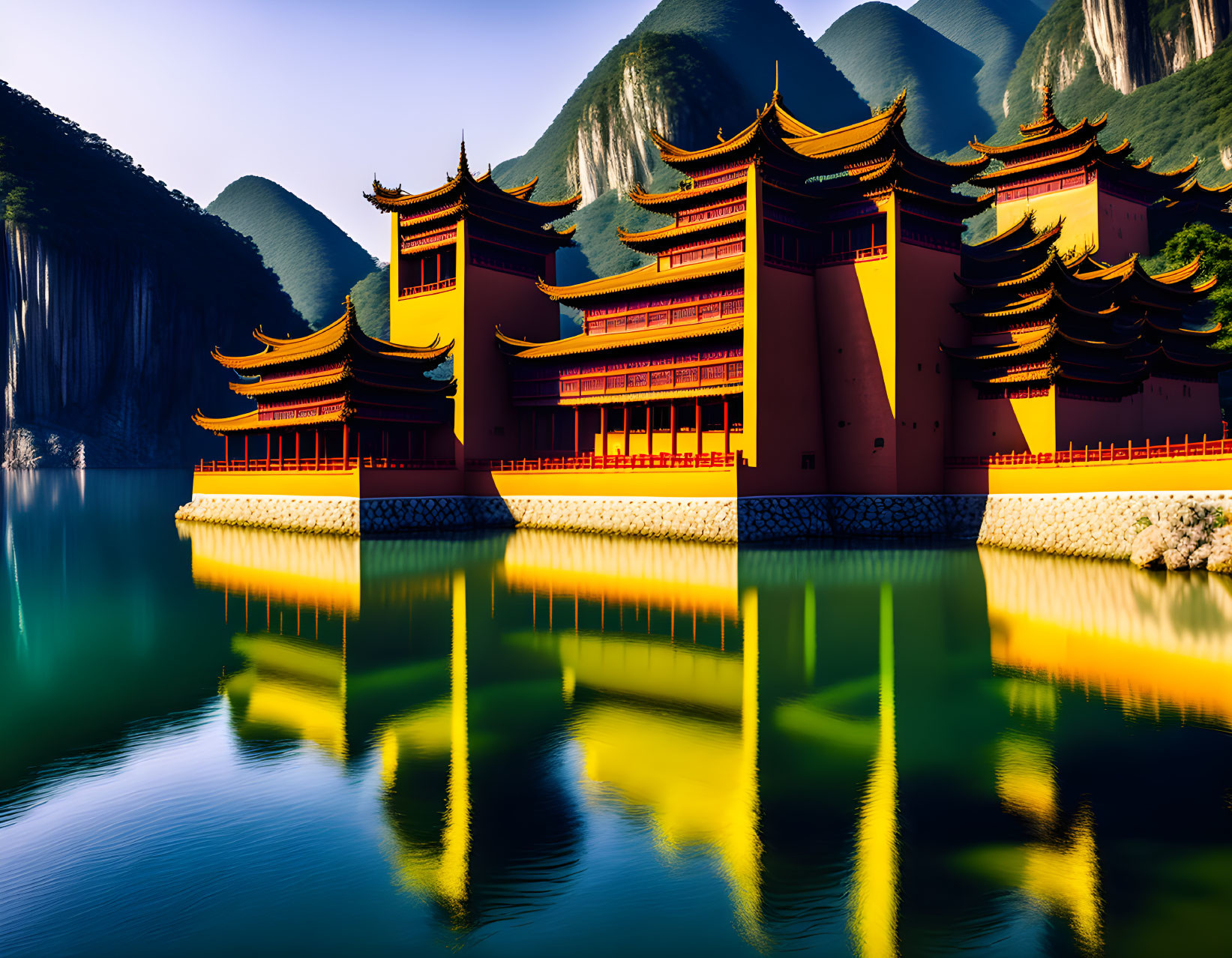 Traditional Chinese Pagoda by Calm Lake and Green Hills