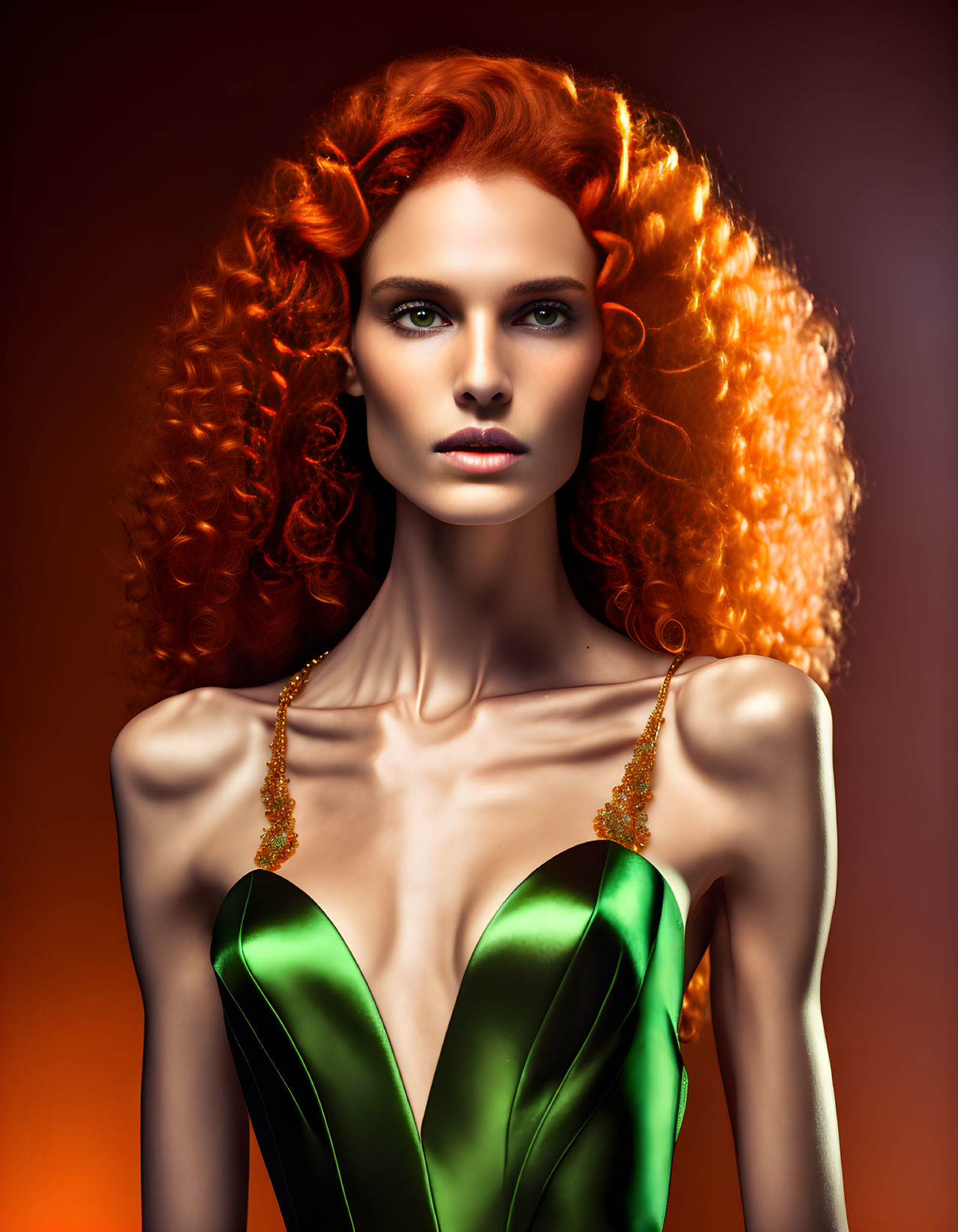 Voluminous red hair woman in green dress on orange backdrop