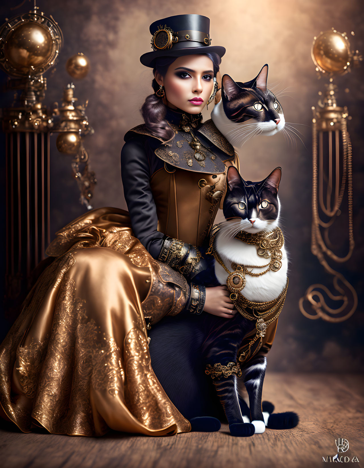 Steampunk-themed woman and cat with monocle in ornate lamp setting