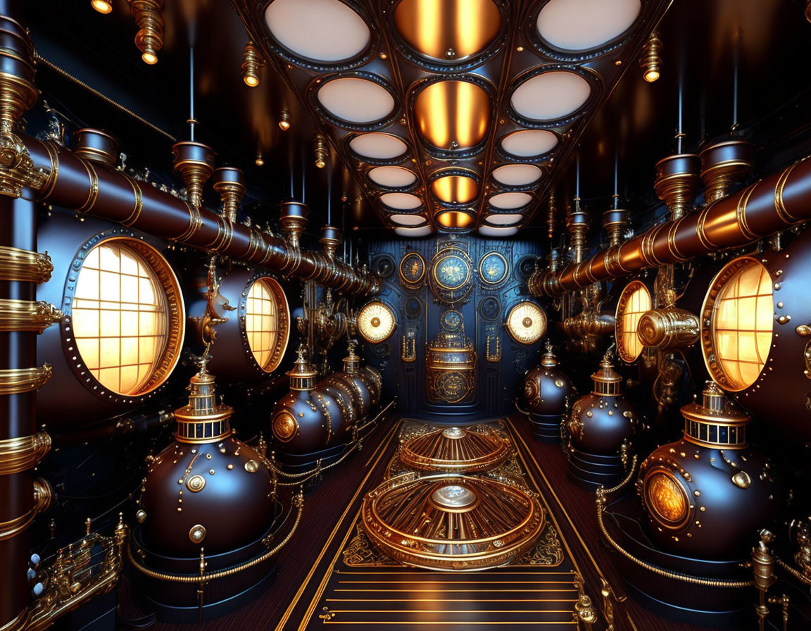 Steampunk-inspired interior with brass pipes and round windows and vintage bulbs in warm ambient glow