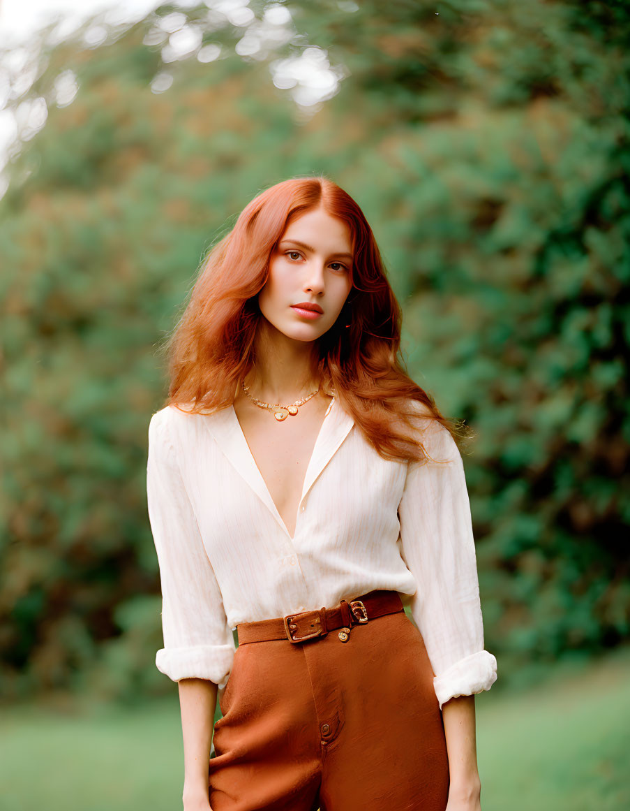 Auburn-Haired Woman in White Blouse and Brown Trousers on Green Background