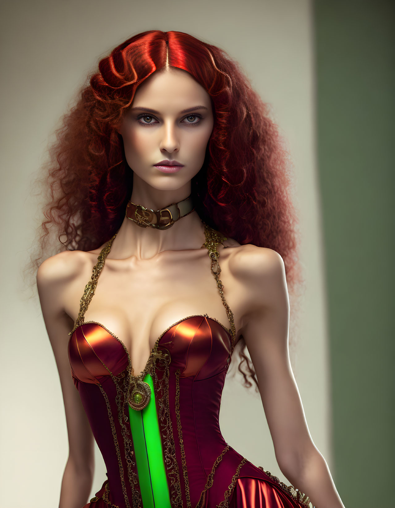 Mannequin with Vibrant Red Hair in Red and Gold Corset