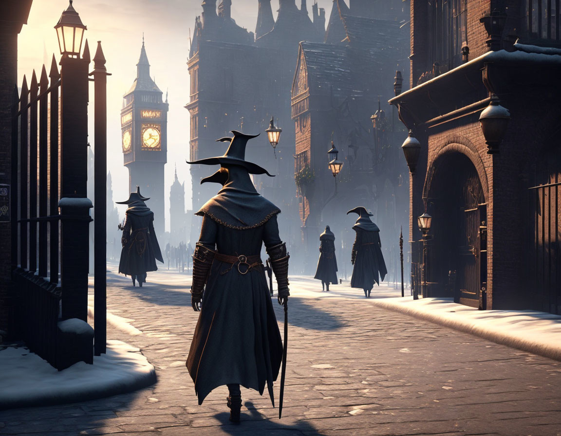 Mysterious figure in wide-brimmed hat on snowy Victorian street