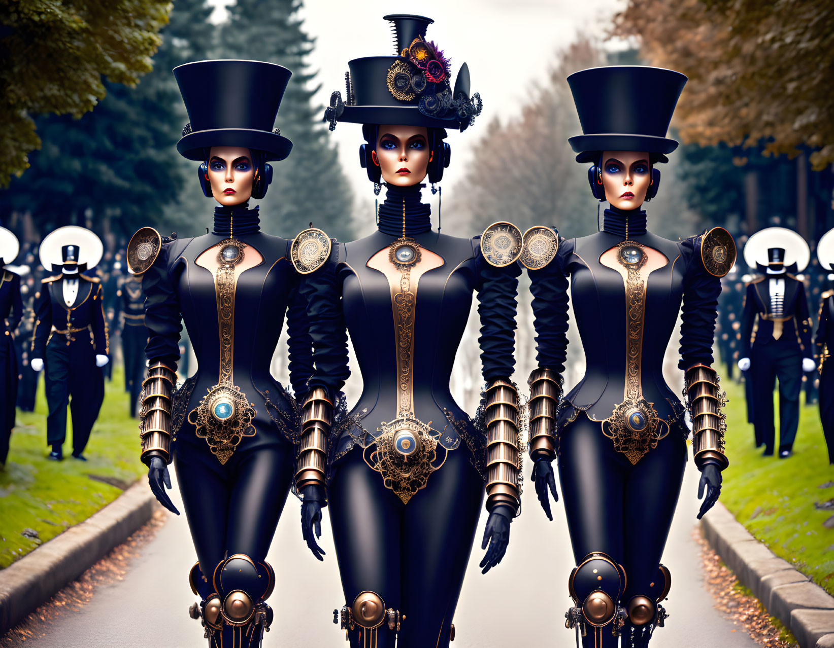 Steampunk-themed female figures in top hats and mechanical suits walking together.