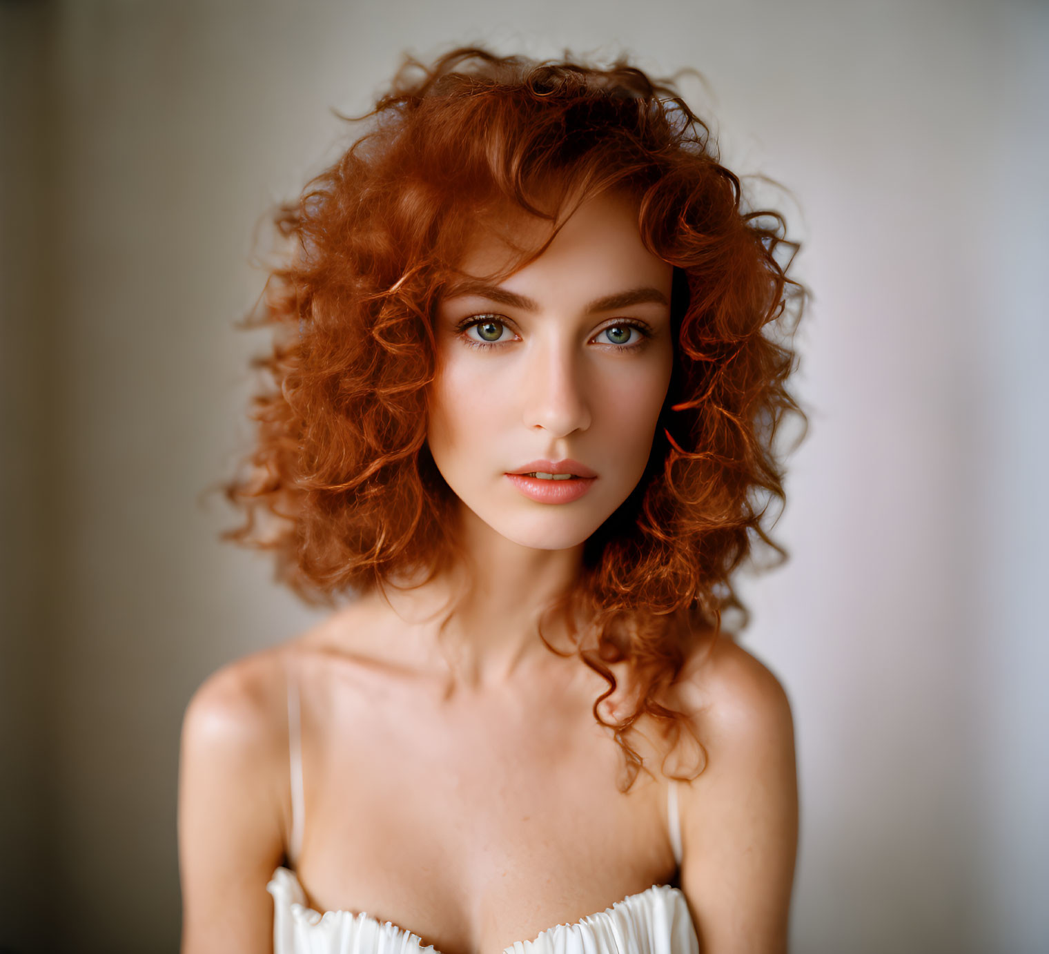 Curly Red-Haired Woman in White Top with Blue Eyes