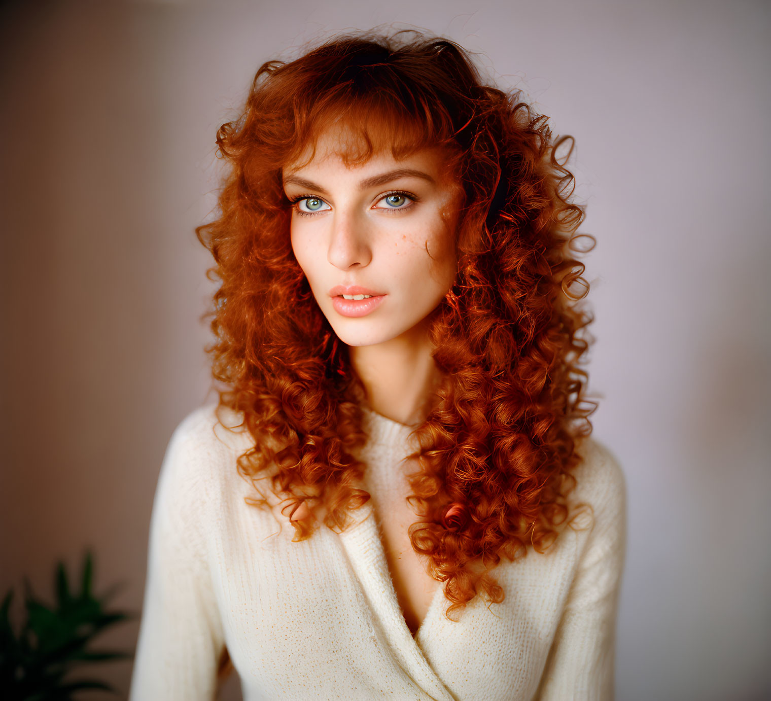 Person with Voluminous Curly Red Hair and Blue Eyes Portrait on Soft Pink Background