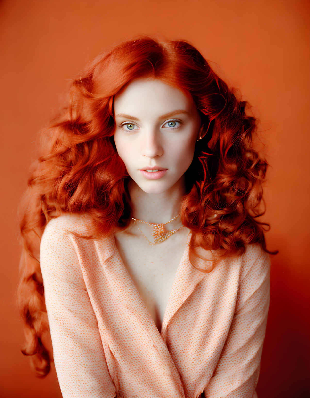 Red-haired woman with green eyes in light blouse and necklace on warm orange background