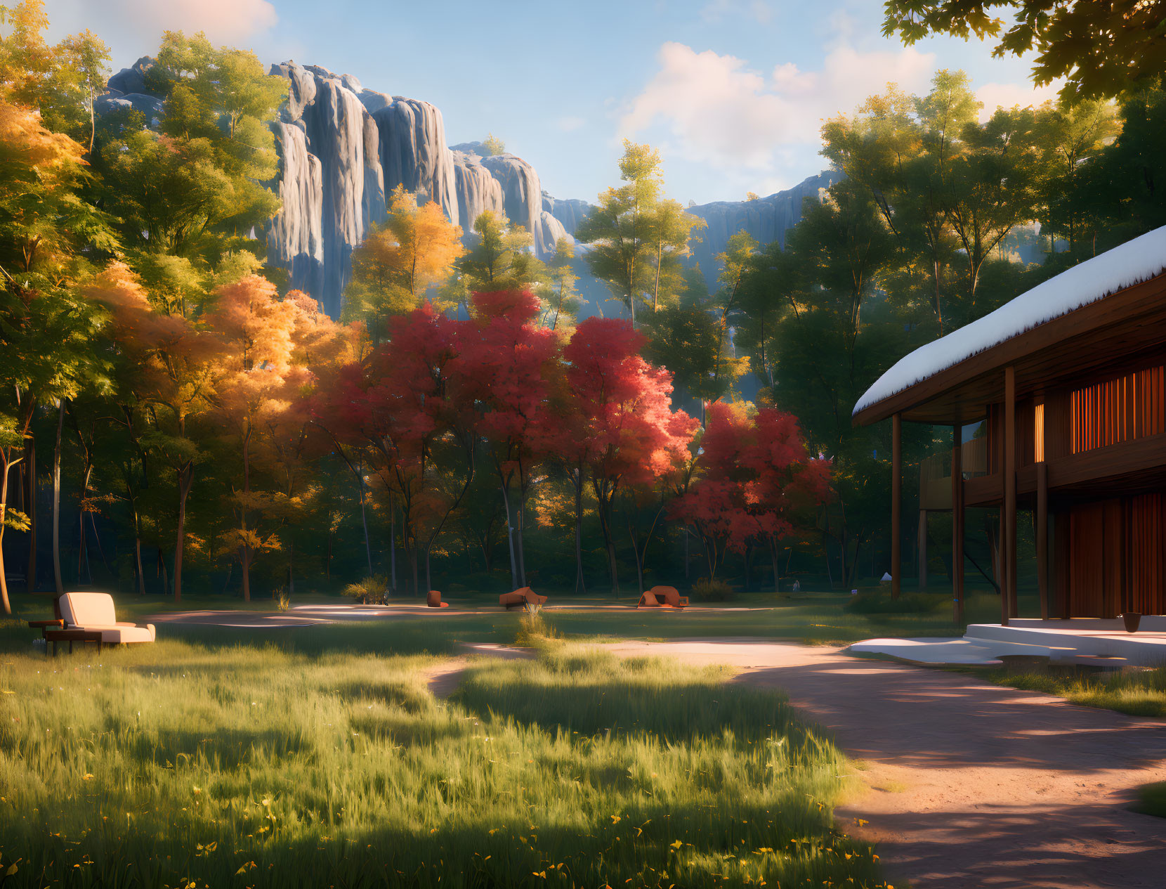 Tranquil Park Scene with Autumn Trees, Wooden Building, and Waterfalls