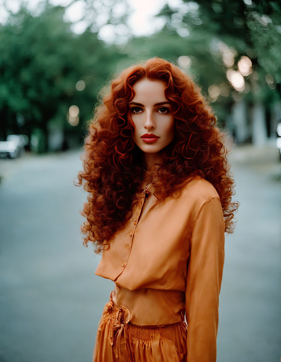 Red-haired woman with blue eyes in mustard outfit outdoors.