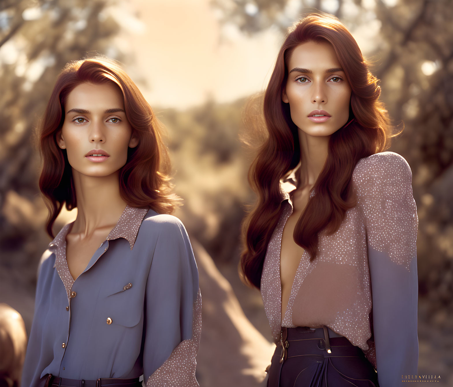 Two portraits of a woman with long wavy hair and elegant attire in a warm outdoor setting