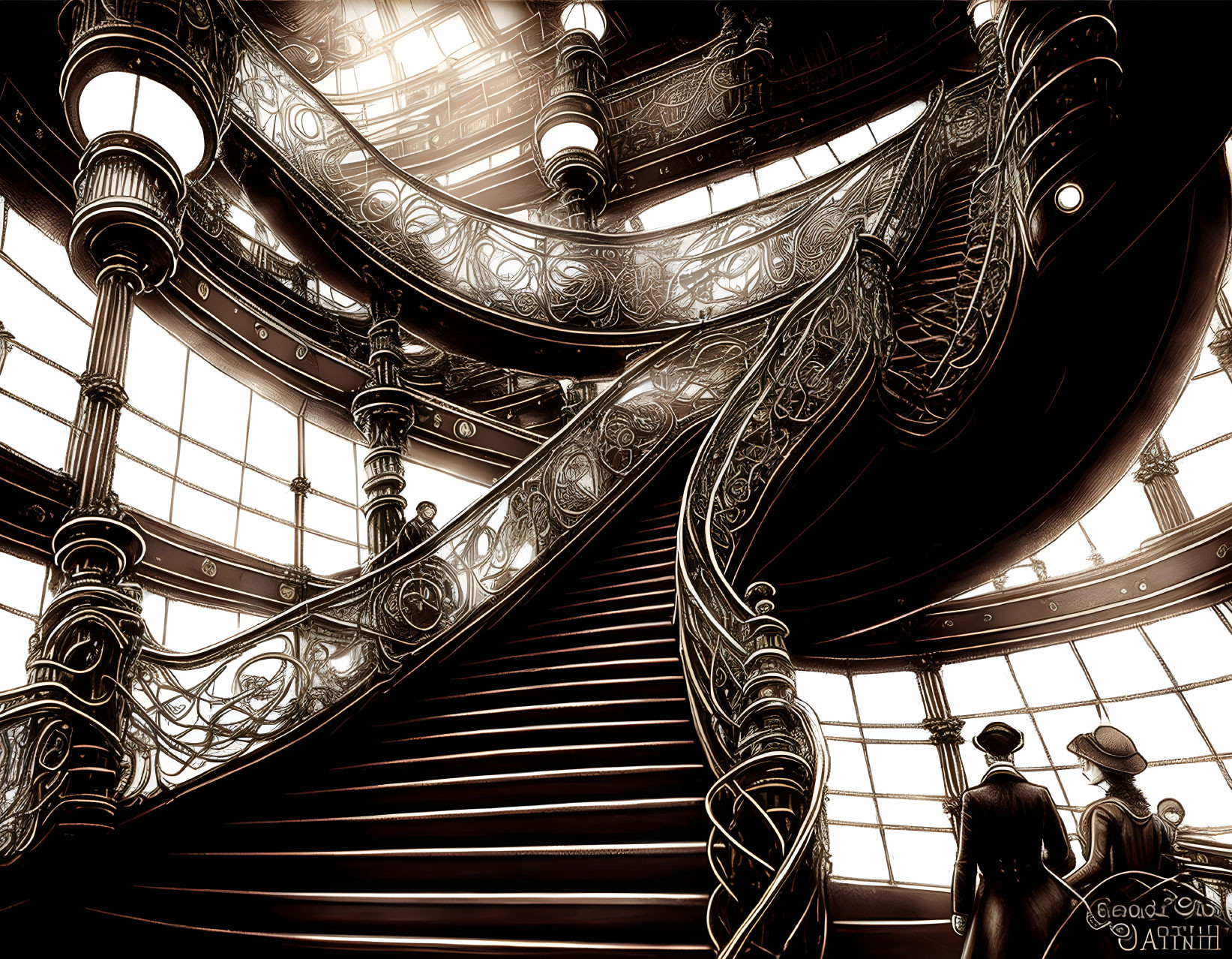 Sepia-Toned Image of Grand Spiral Staircase with Ornate Metal Railings