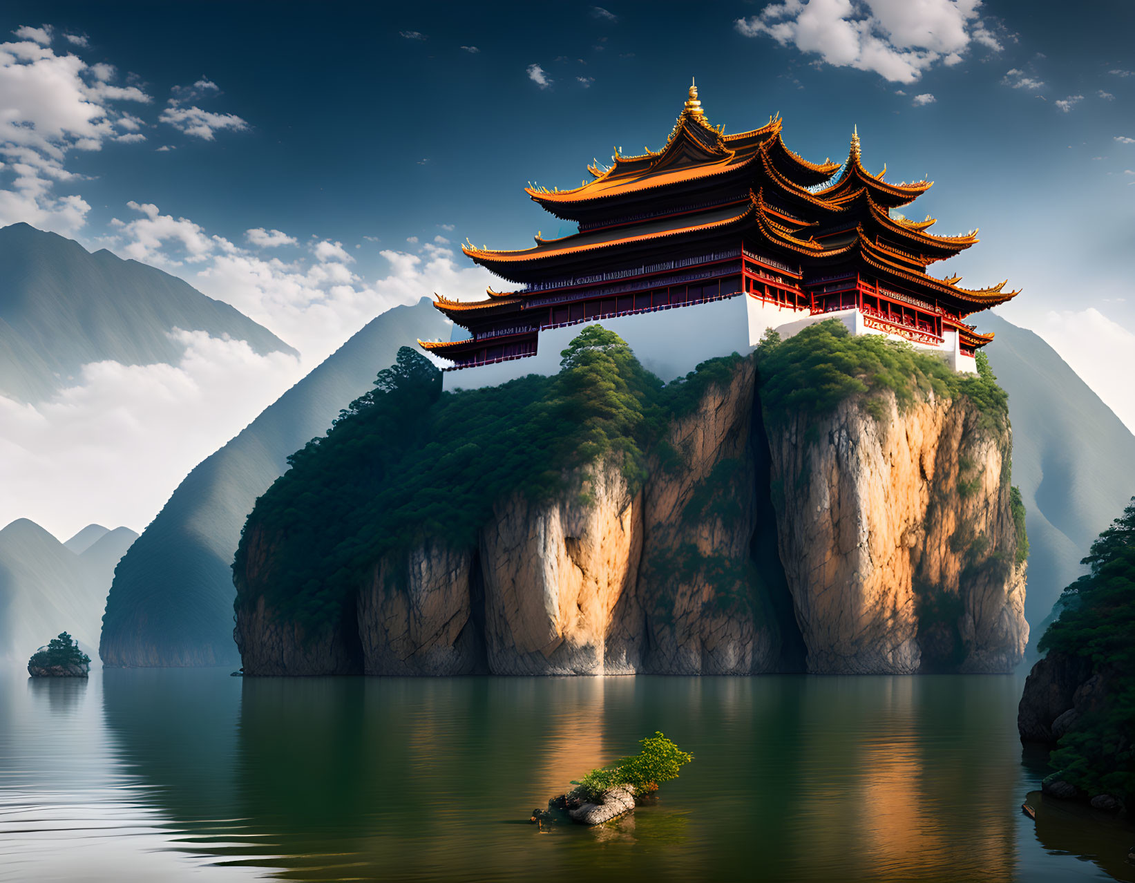 Traditional multi-tiered pagoda on steep cliff with lush vegetation, calm waters, mountainous backdrop