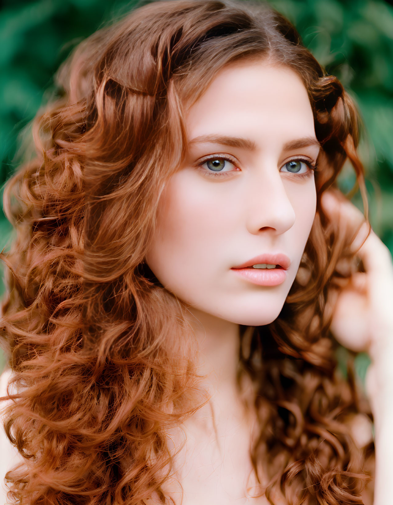 Portrait of woman with curly auburn hair and blue eyes against blurred green backdrop