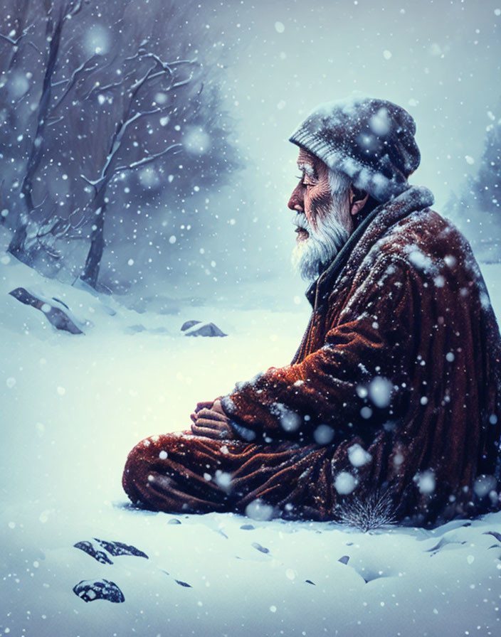 Elderly man in coat and hat sits in snowfall among bare trees