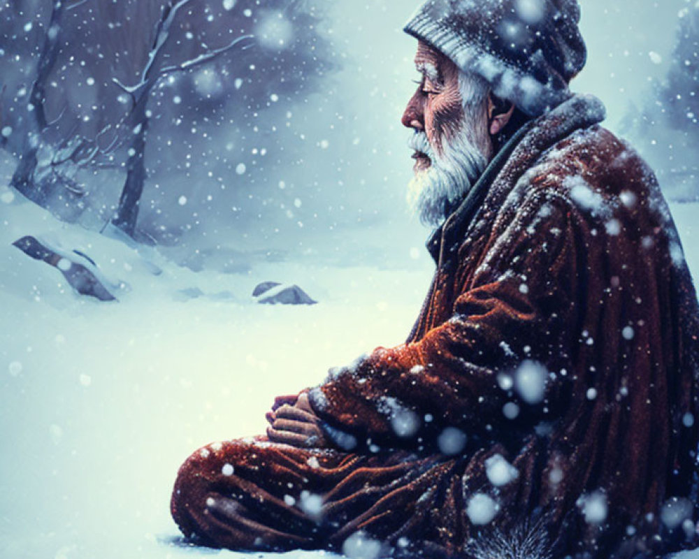 Elderly man in coat and hat sits in snowfall among bare trees