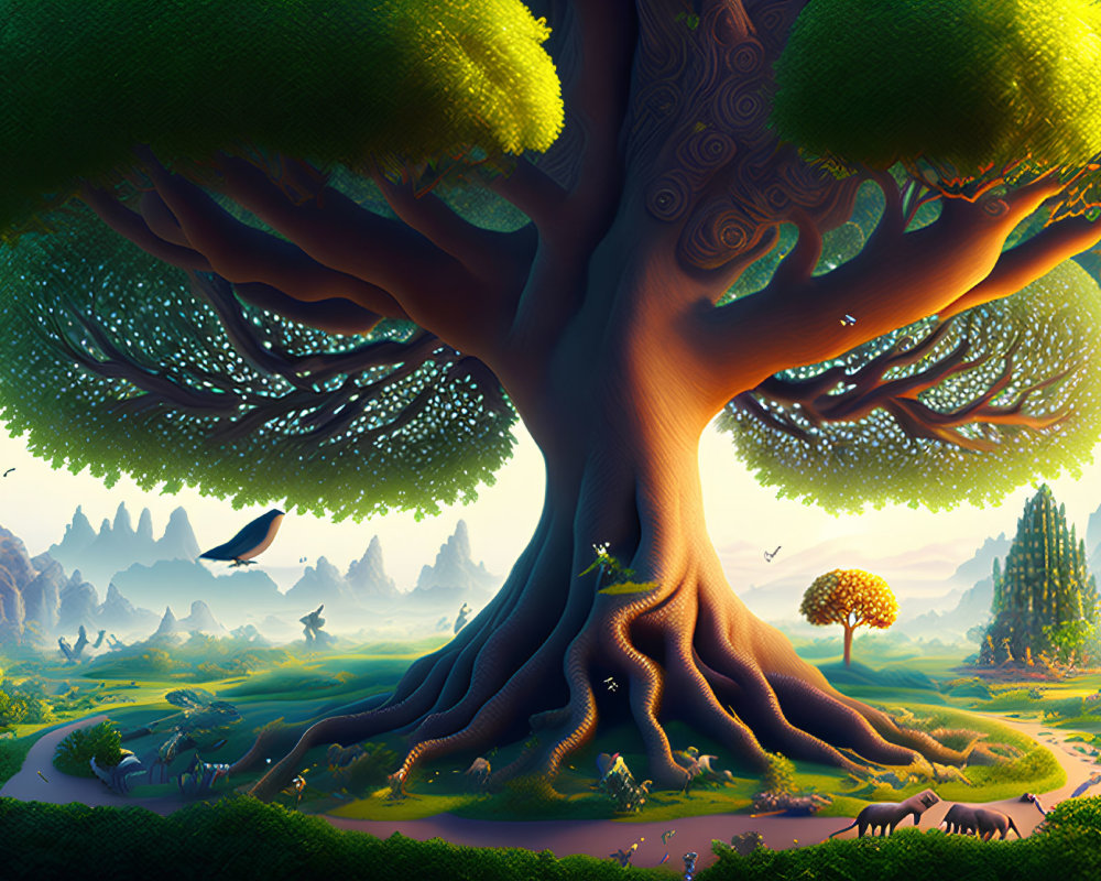 Vibrant oversized tree in whimsical landscape