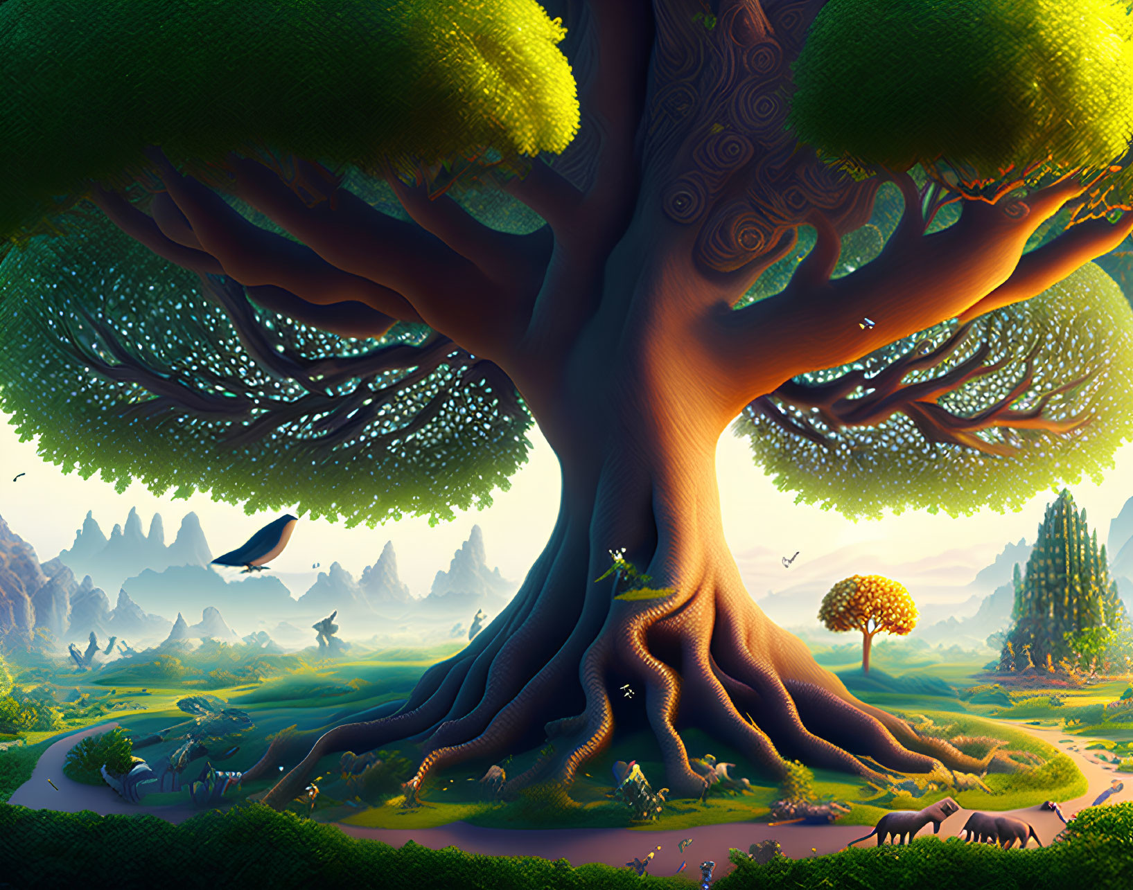 Vibrant oversized tree in whimsical landscape