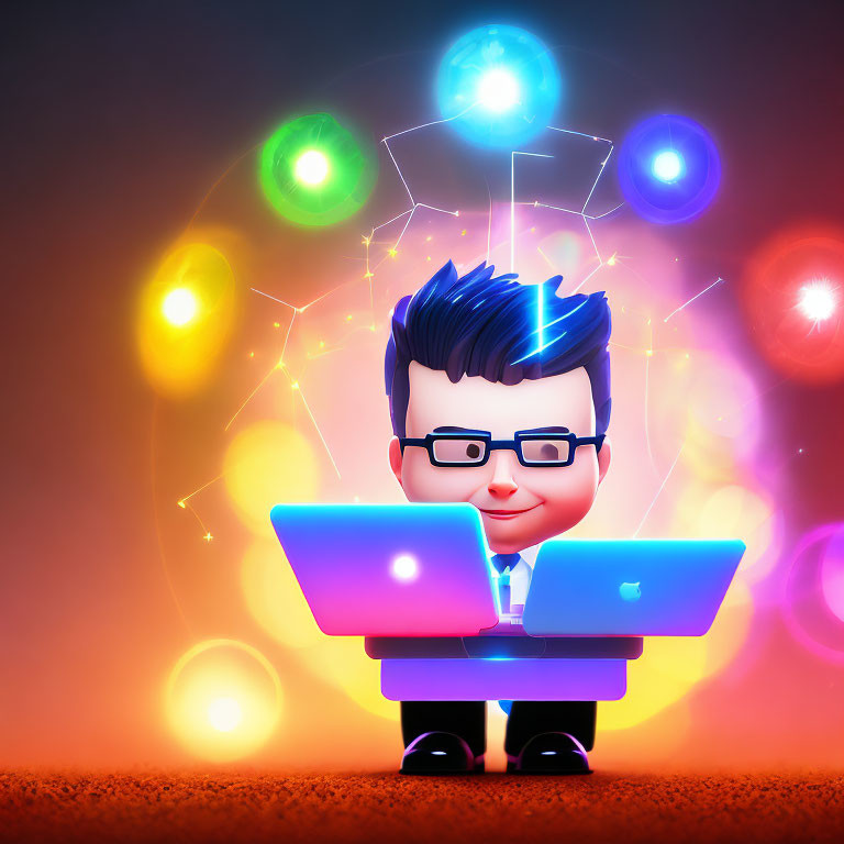 Stylized cartoon businessman with glowing idea bulbs working on laptop