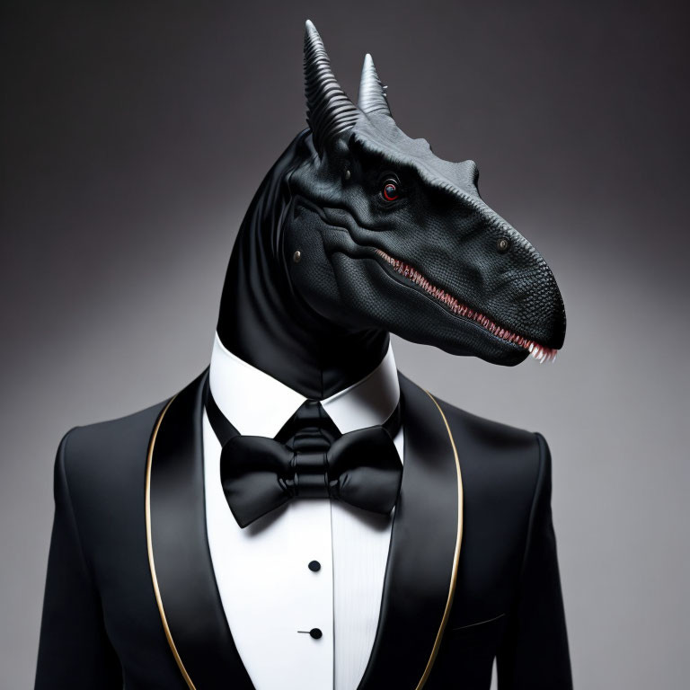 Sophisticated black tuxedo with gold trim and bow tie on a dinosaur-headed figure