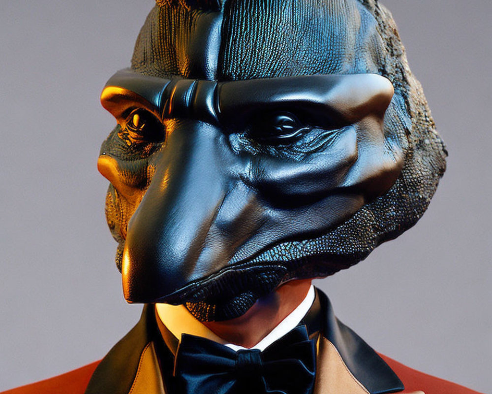 Detailed Bird Head Mask in Red Suit and Bow Tie on Gray Background