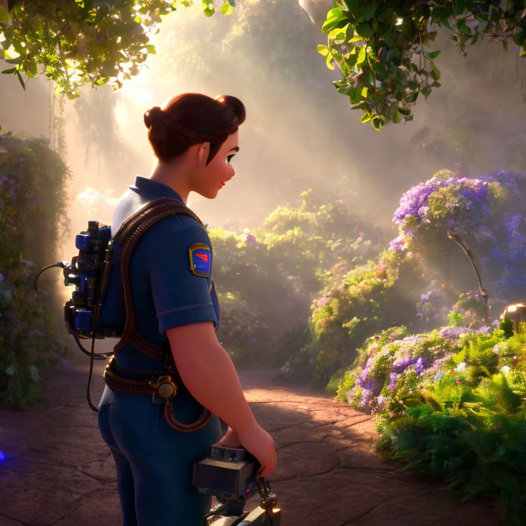 Sci-fi backpack animated character in police uniform overlooking flower-covered forest path