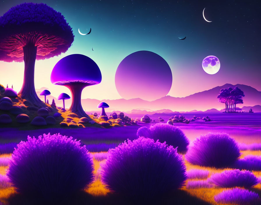 Colorful surreal landscape with oversized mushrooms, purple foliage, moons, and sunset.