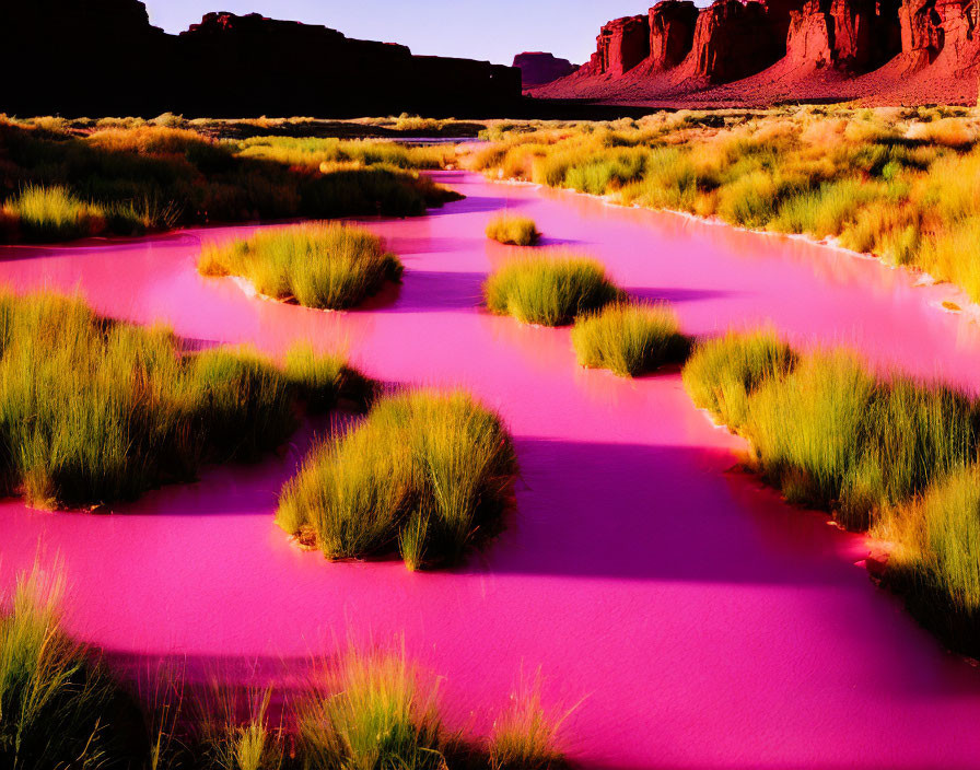 Surreal landscape with pink waterways, green shrubs, and red rock formations