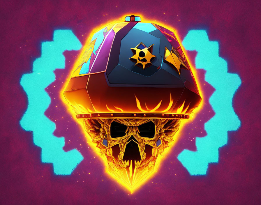 Stylized skull engulfed in flames with futuristic helmet and gear symbol