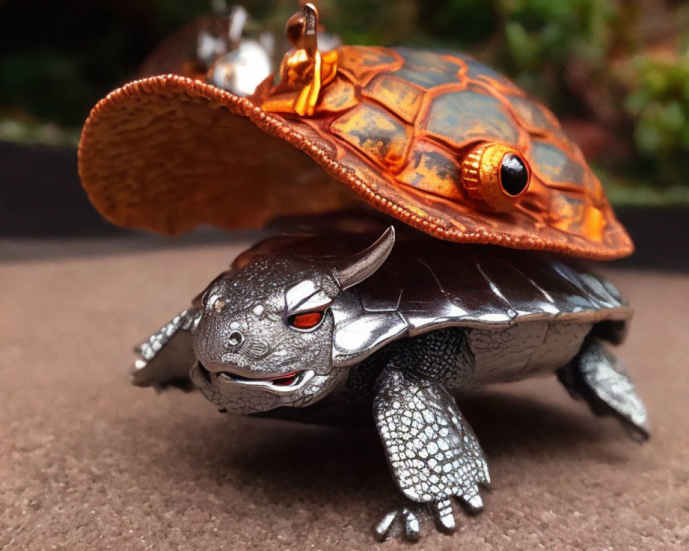 Detailed Toy Turtle with Textured Shell and Dragon-Like Head on Blurred Natural Background