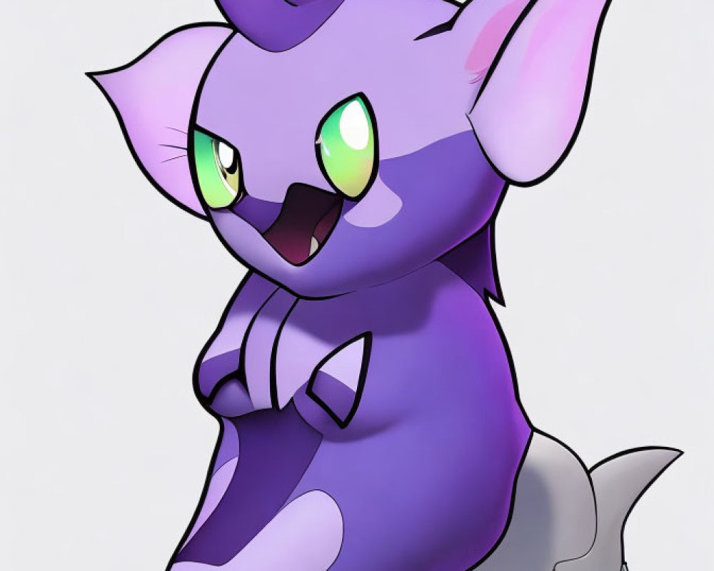 Purple animated creature with large ears, green eyes, and coiled tail.