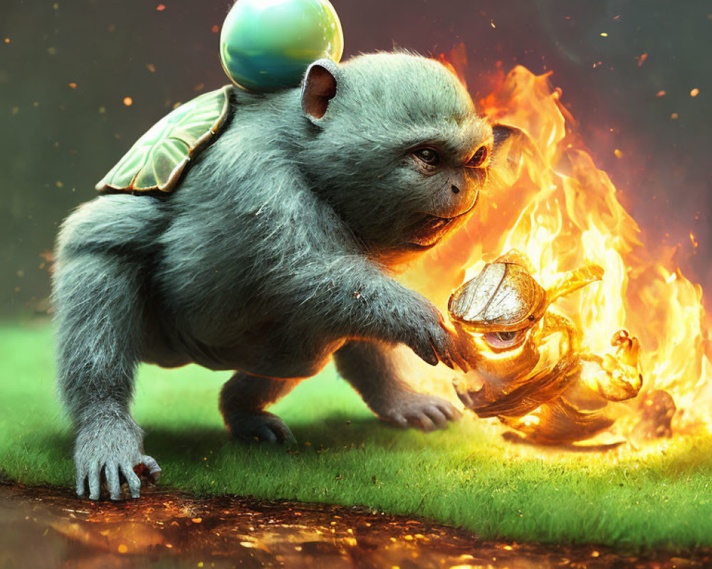 Turtle-monkey hybrid with shell and orbs interacting with fiery swirl on grassy terrain