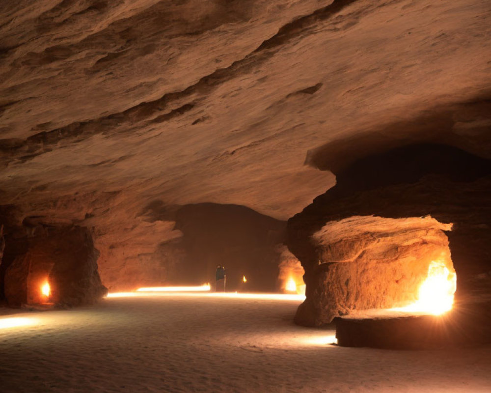 Orange-lit underground cave with textured rocky walls and sandy floor