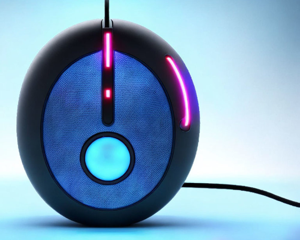 Spherical computer mouse with neon blue and pink lighting on soft blue gradient background