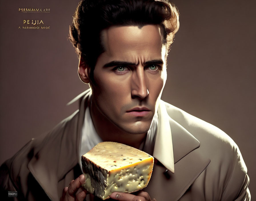 Man with styled hair holding Swiss cheese in beige coat on brown background