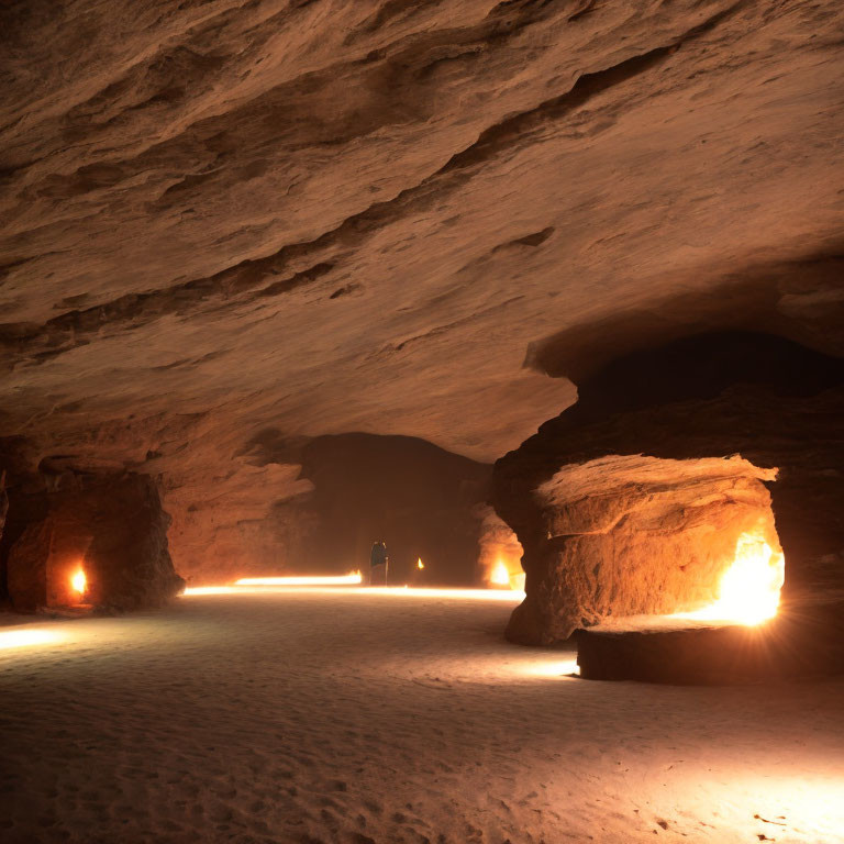 Orange-lit underground cave with textured rocky walls and sandy floor