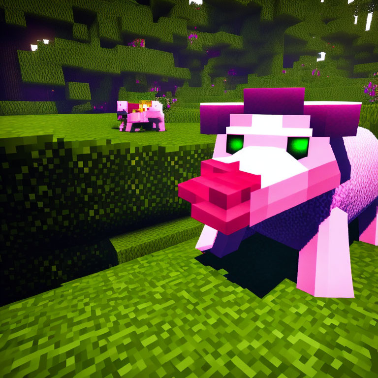 Pixelated game image: Large pink animal with saddle and small pig in green environment