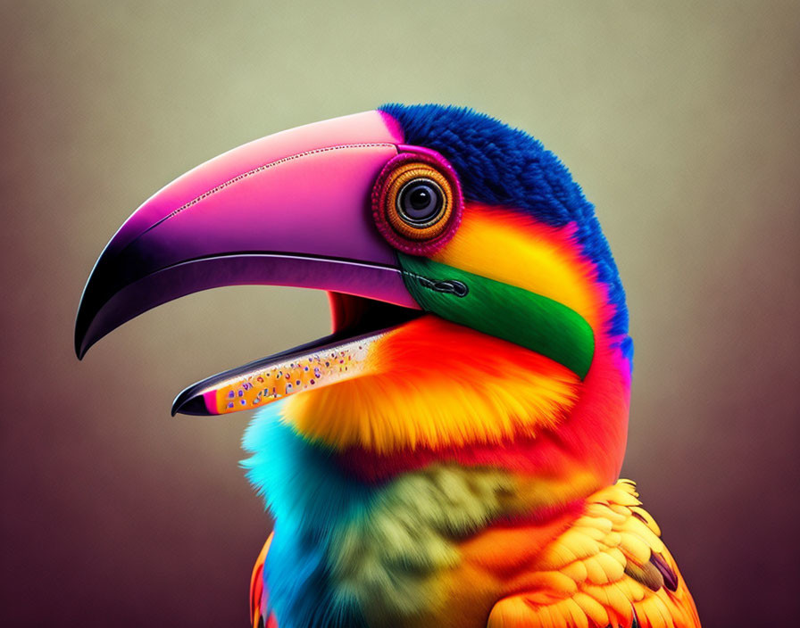 Colorful Toucan Illustration with Rainbow Feather Pattern