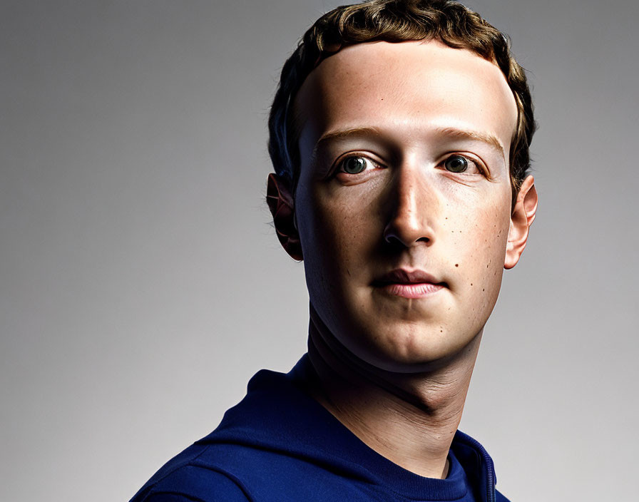 Fair-skinned man with short curly hair in dark blue top on grey background