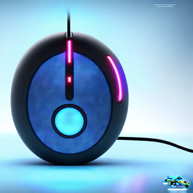 Spherical computer mouse with neon blue and pink lighting on soft blue gradient background