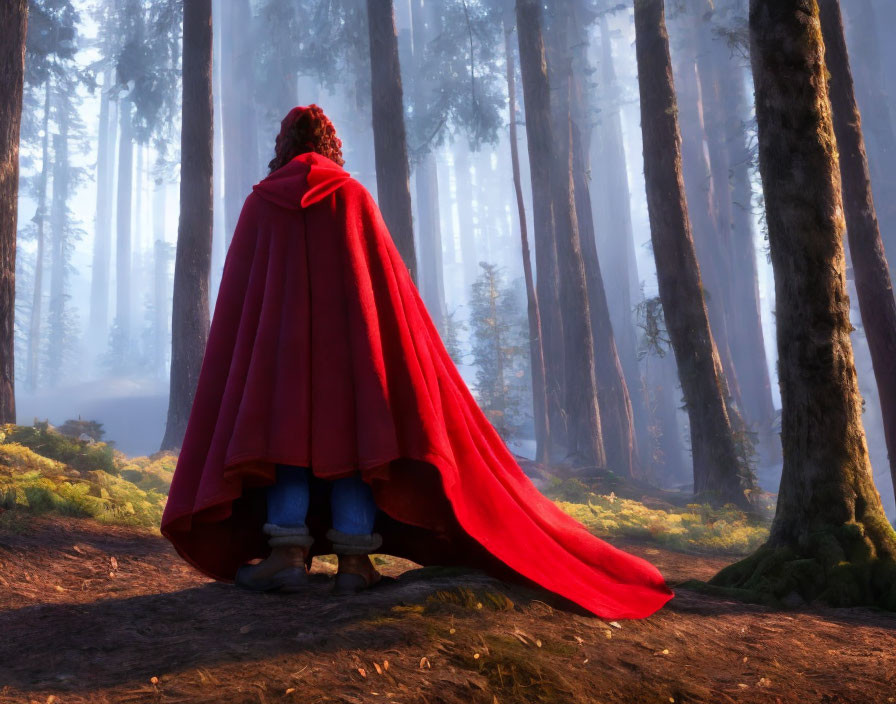 Person in Red Cape Standing in Sunlit Forest with Tall Trees and Misty Surroundings