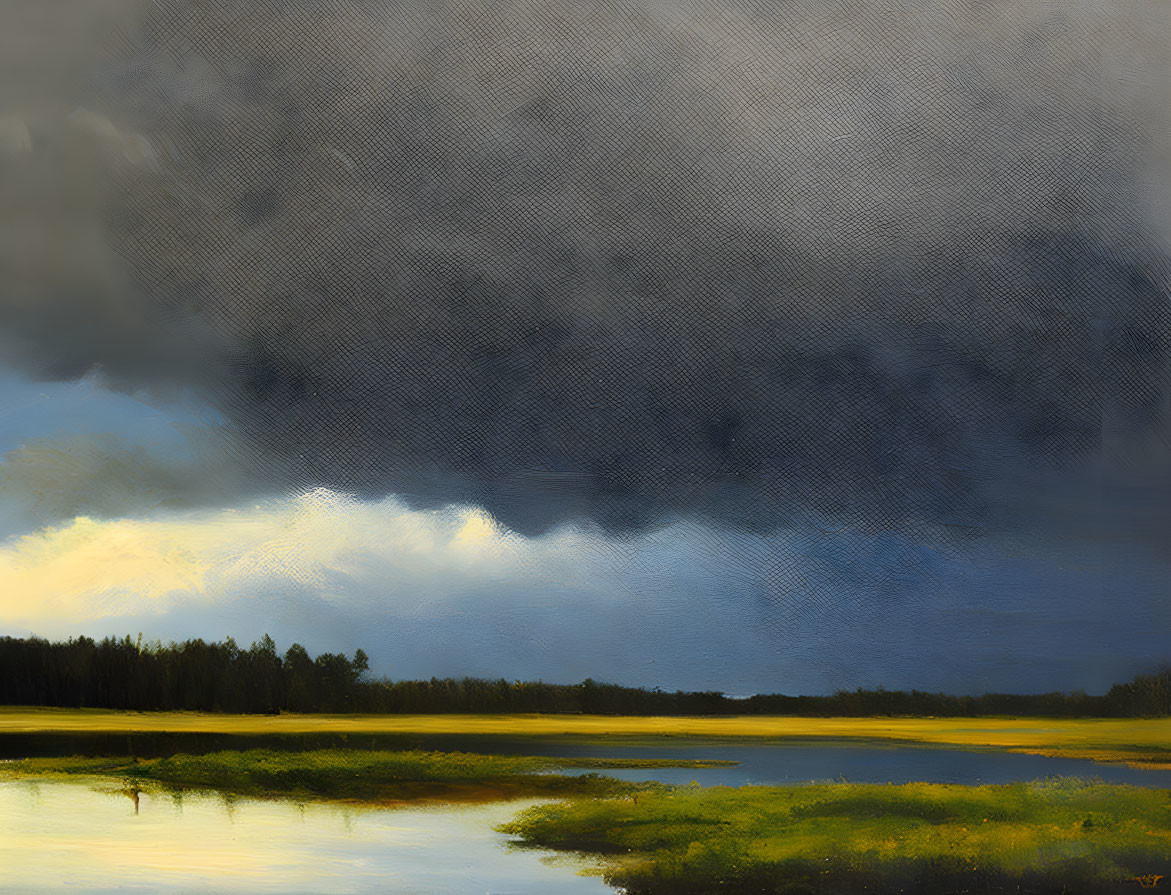 Dramatic landscape painting of vast field under gray sky with tranquil lake.