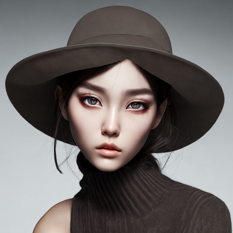 Portrait of woman in wide-brimmed hat and black turtleneck with striking makeup