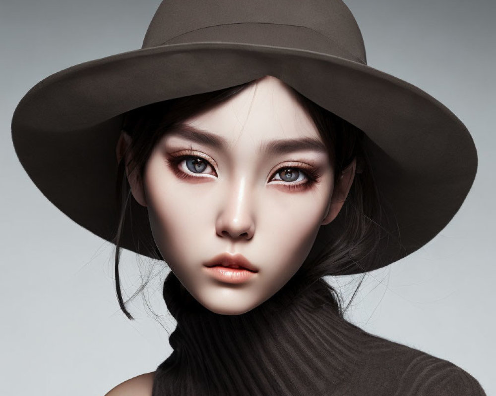 Portrait of woman in wide-brimmed hat and black turtleneck with striking makeup