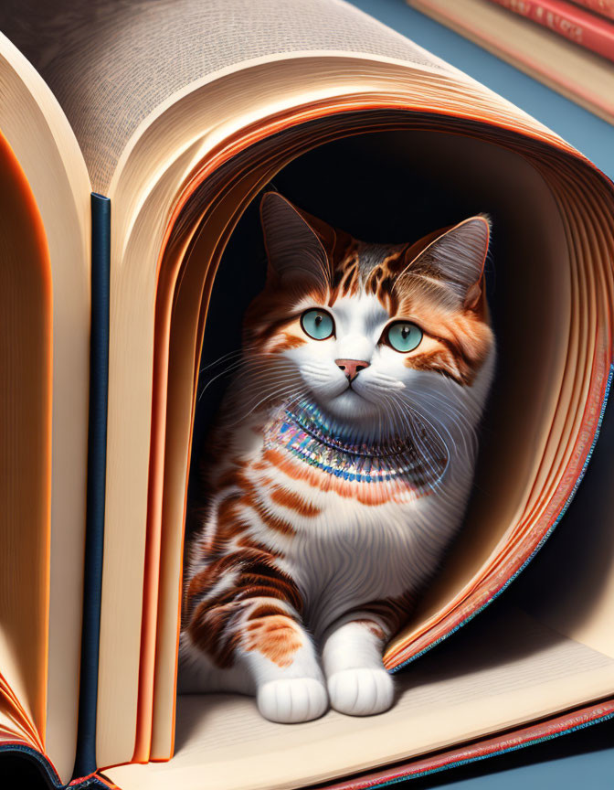 Charming Cat with Blue Eyes Among Open Book Pages