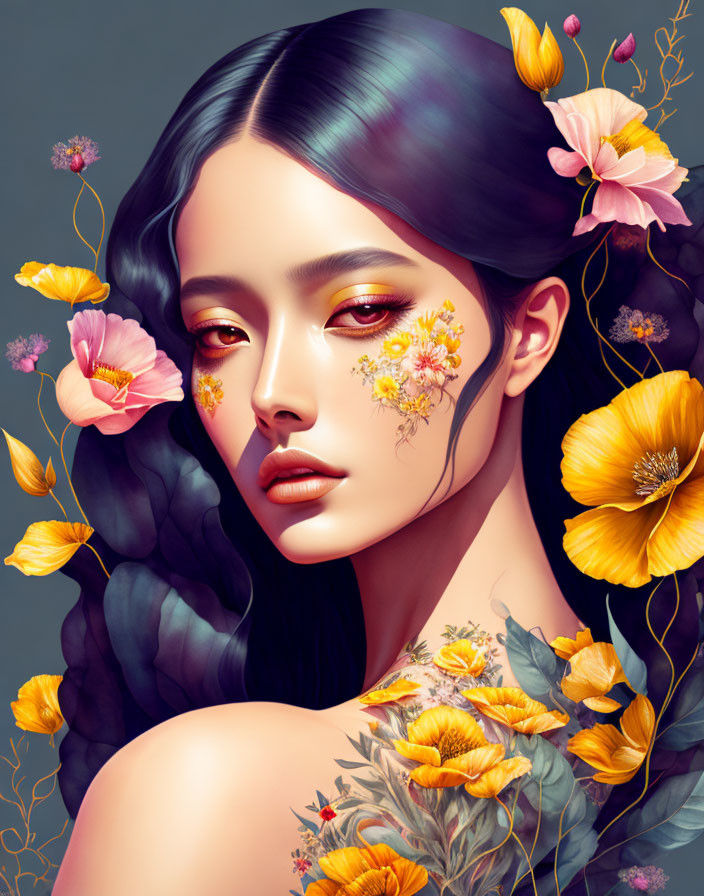 Portrait of a Serene Woman with Floral Accents