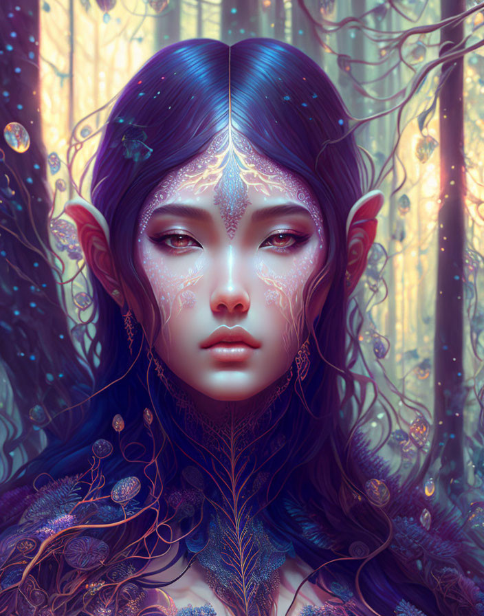 Mystical female with pointed ears and purple hair in enchanted forest